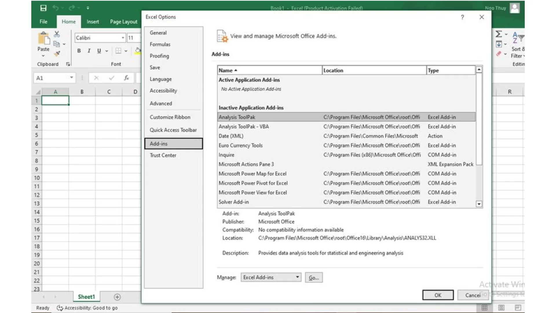 công cụ phân tích dữ liệu trong excel